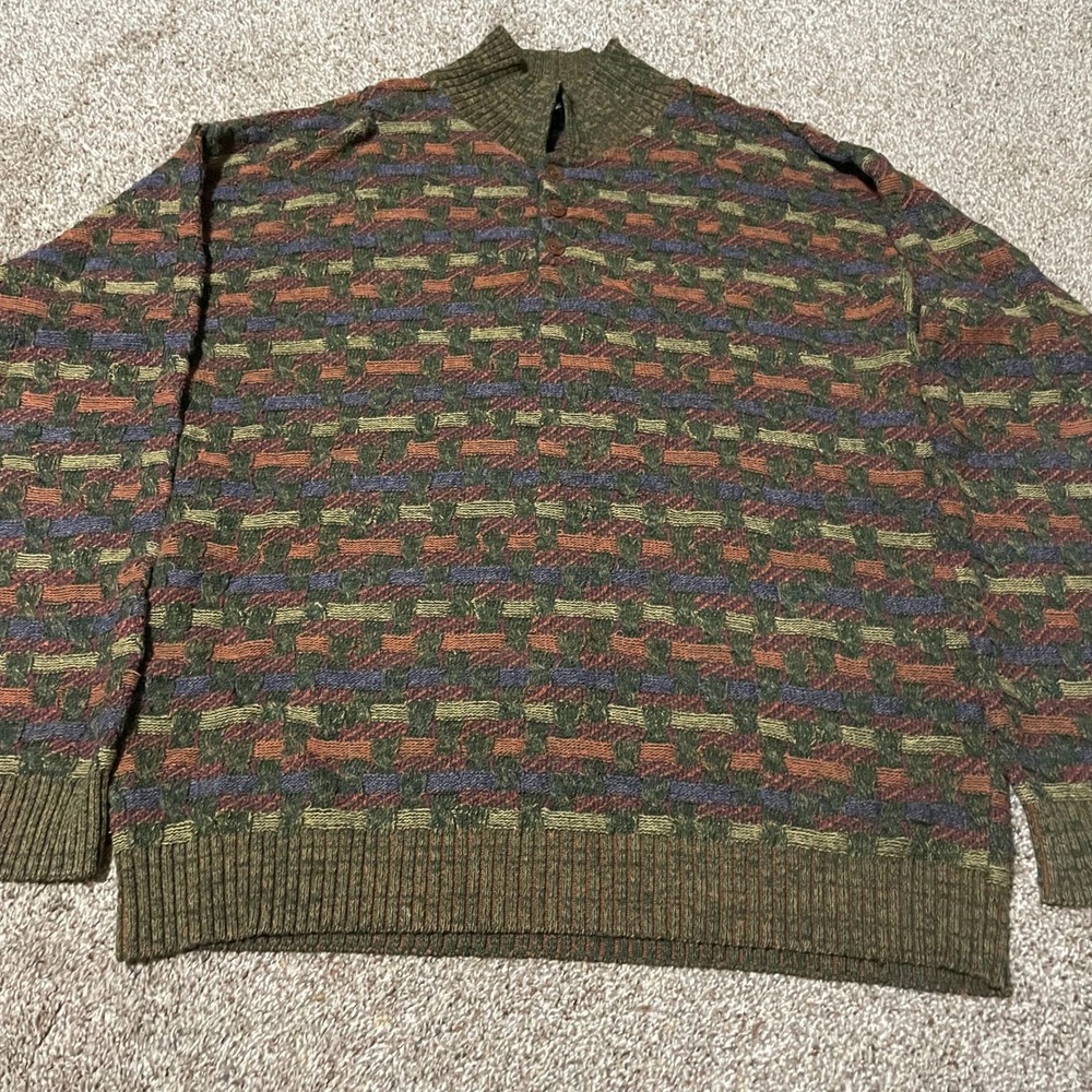Vintage TSR USA Mens XL Geometric Knit Sweater Mock Neck Quarter Button Green